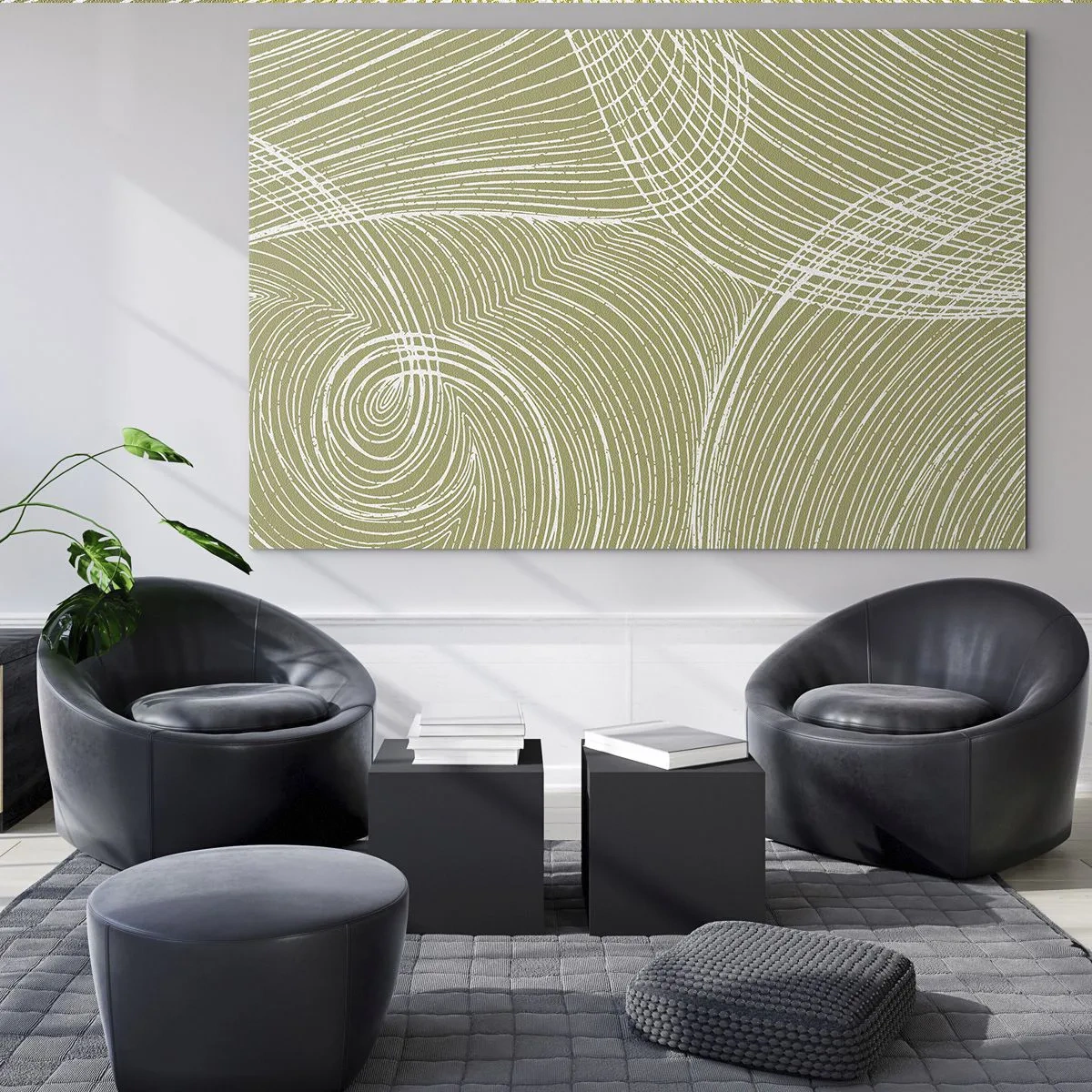 Cuadro sobre vidrio - Impresiones sobre Vidrio - Las líneas blancas forman una estructura compleja sobre un fondo verde oliva. - 70x50cm - Abstracción intrincada en blanco - Decoración de pared moderna para salón y dormitorio ARTTOR