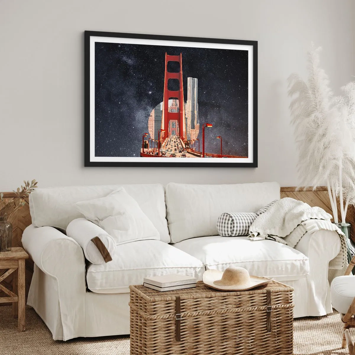 Póster en marco negro - El puente Golden Gate con la ciudad al fondo contra un cielo estrellado - 70x50cm - Siempre en el centro - Decoración de pared moderna para salón y dormitorio ARTTOR