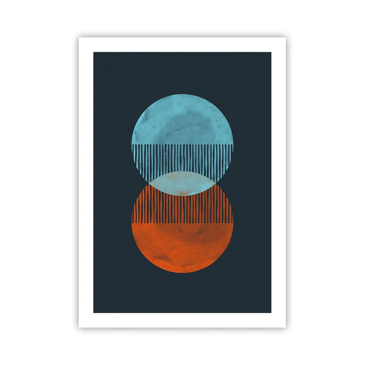 Póster - Círculos abstractos en tonos azules y naranjas. - 50x70cm - Fantasía astronómica - Decoración de pared moderna para salón y dormitorio ARTTOR