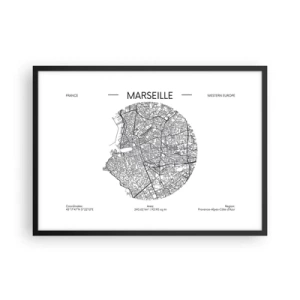 Póster en marco negro - Mapa de Marsella en estilo minimalista - 70x50cm - Anatomía de Marsella - Decoración de pared moderna para salón y dormitorio ARTTOR