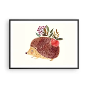 Póster en marco negro - Un lindo erizo con una manzana y plantas en un estilo ilustrativo. - 100x70cm - Y ya te gusto - Decoración de pared moderna para salón y dormitorio ARTTOR