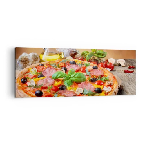 Cuadro sobre lienzo - Impresión de Imagen - Deliciosa pizza en una mesa de madera con ingredientes. - 140x50cm - Con un verdadero sabor italiano - Decoración de pared moderna para salón y dormitorio ARTTOR
