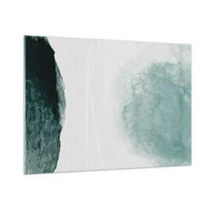 Cuadro sobre vidrio - Impresiones sobre Vidrio - Formas abstractas verdes sobre un fondo claro que se asemejan a la niebla. - 100x70cm - Un encuentro con la niebla - Decoración de pared moderna para salón y dormitorio ARTTOR