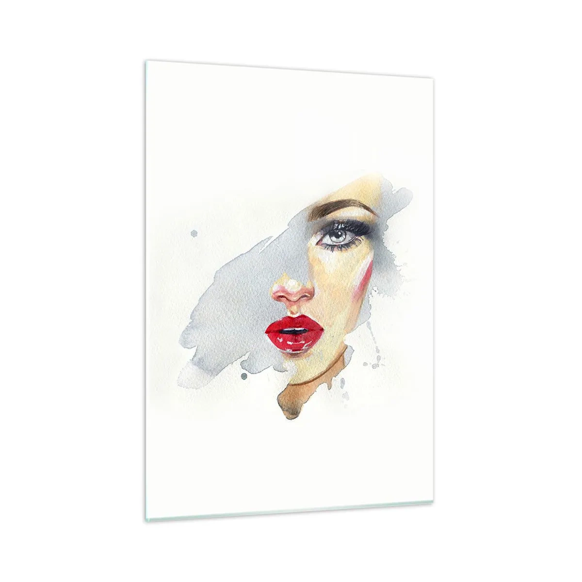 Cuadro sobre vidrio - Impresiones sobre Vidrio - Retrato en acuarela de una mujer con labios rojos. - 50x70cm - Reflejo en una gota de agua - Decoración de pared moderna para salón y dormitorio ARTTOR