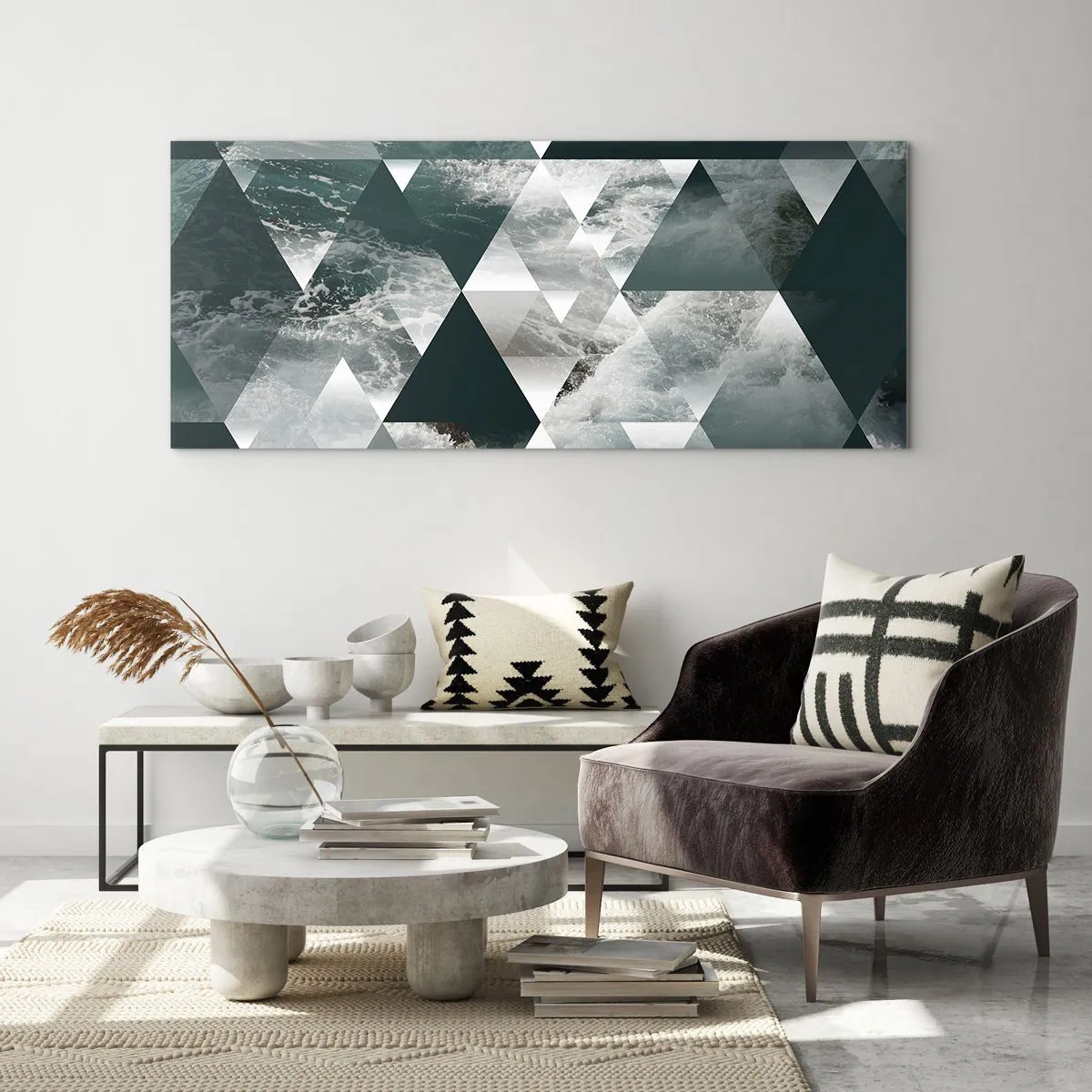 Cuadro sobre vidrio - Impresiones sobre Vidrio - Patrón geométrico con motivo de ondas en tonos verdes. - 140x50cm - Una perspectiva de cristal - Decoración de pared moderna para salón y dormitorio ARTTOR