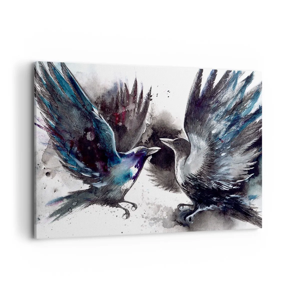 Cuadro sobre lienzo - Impresión de Imagen - Cuervos artísticos en una composición dinámica de acuarela. - 100x70cm - De cuervo a cuervo... - Decoración de pared moderna para salón y dormitorio ARTTOR