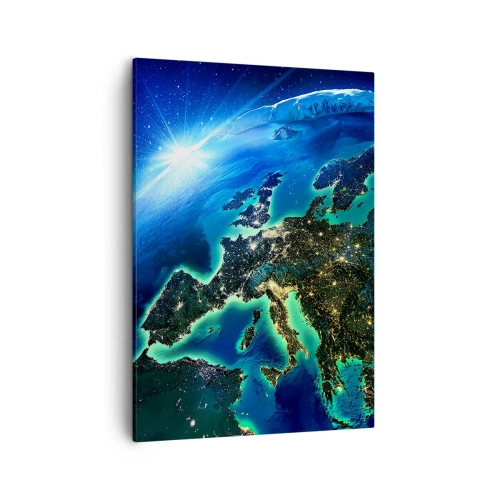 Cuadro sobre lienzo - Impresión de Imagen - Una vista de Europa desde el espacio bajo el resplandor del sol naciente. - 50x70cm - Una Europa resplandeciente - Decoración de pared moderna para salón y dormitorio ARTTOR