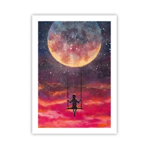 Póster - Niña en un columpio bajo la luna llena - 50x70cm - Disfrutar de las nubes - Decoración de pared moderna para salón y dormitorio ARTTOR