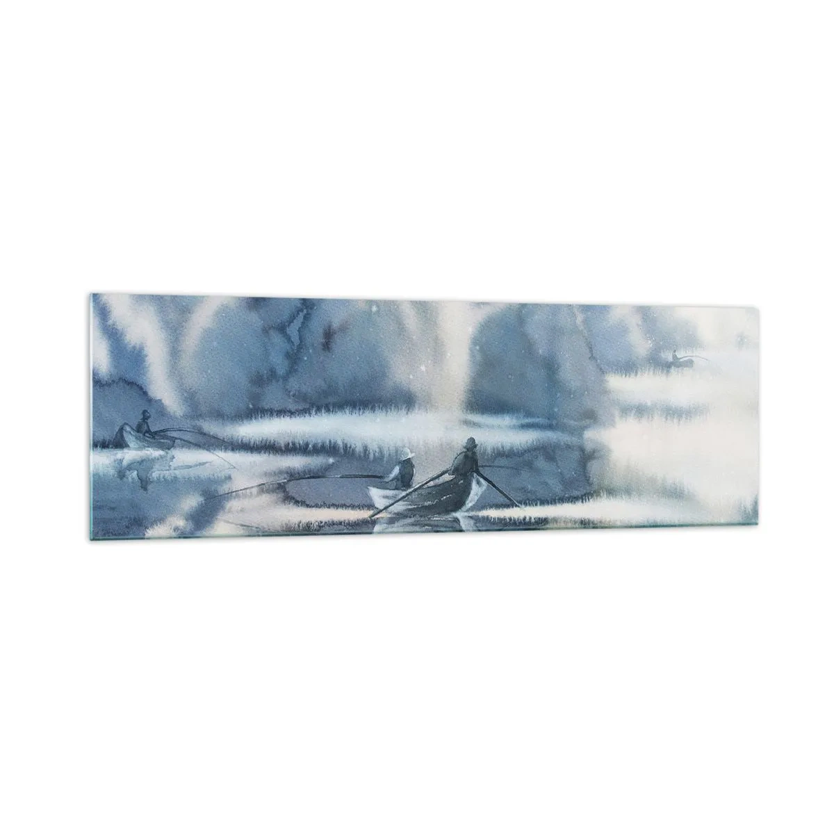 Cuadro sobre vidrio - Impresiones sobre Vidrio - Paisaje de acuarela con barcos en un lago rodeado de un bosque brumoso. - 160x50cm - Pescadores en su paraíso - Decoración de pared moderna para salón y dormitorio ARTTOR