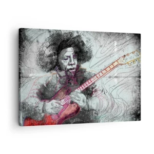 Cuadro sobre lienzo - Impresión de Imagen - Retrato artístico de un guitarrista en la técnica del boceto. - 70x50cm - Volando con la música - Decoración de pared moderna para salón y dormitorio ARTTOR