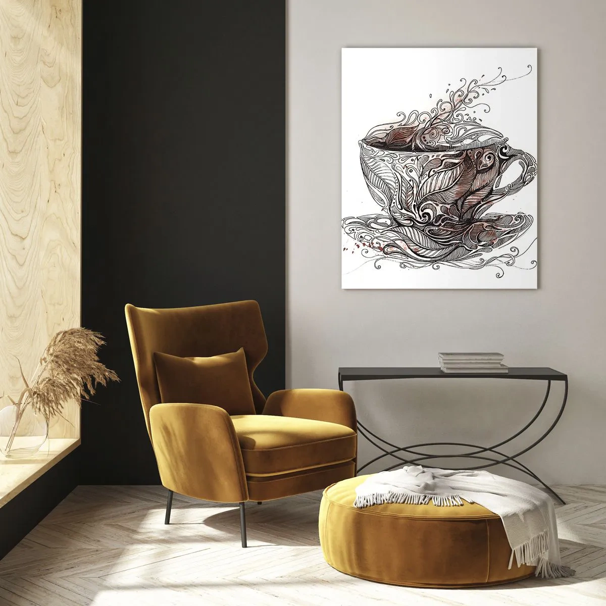 Cuadro sobre vidrio - Impresiones sobre Vidrio - Dibujo artístico de una taza con adornos y vapor. - 50x70cm - Té para todo - Decoración de pared moderna para salón y dormitorio ARTTOR