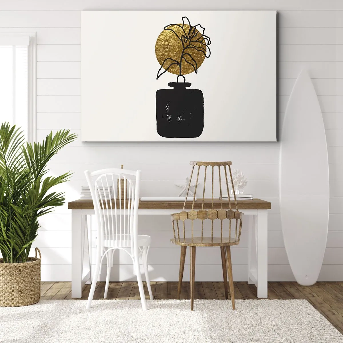 Cuadro sobre lienzo - Impresión de Imagen - Un dibujo de una flor en un jarrón sobre un fondo de círculo dorado. - 70x50cm - Belleza en equilibrio - Decoración de pared moderna para salón y dormitorio ARTTOR