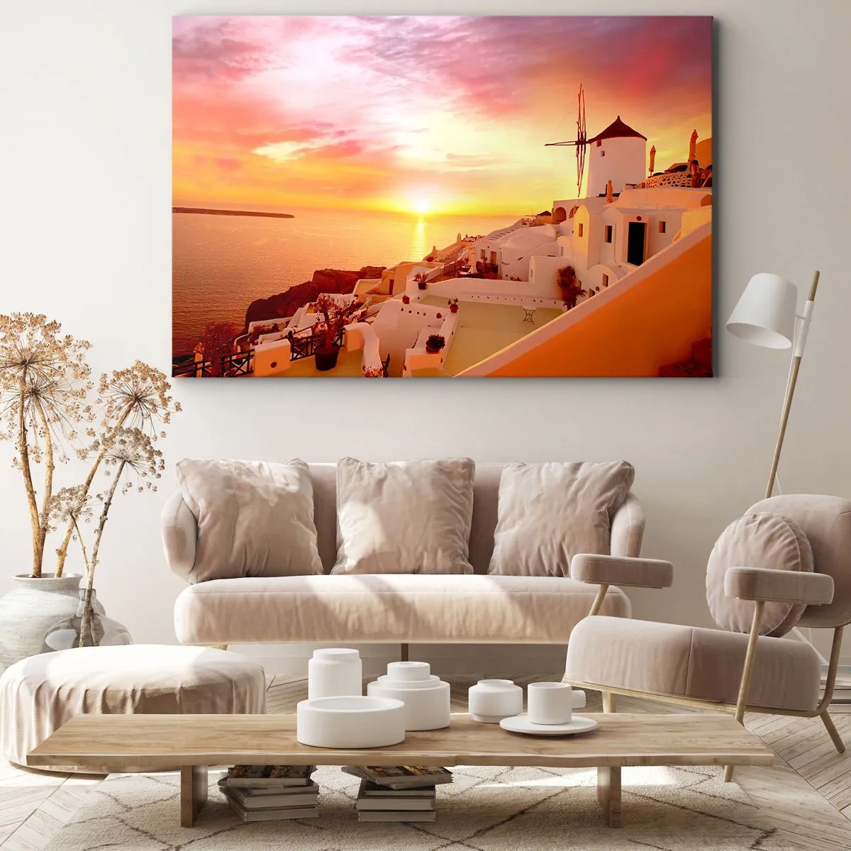 Cuadro sobre lienzo - Impresión de Imagen - Santorini al atardecer con un molino de viento - 100x70cm - Blanco y dorado - Decoración de pared moderna para salón y dormitorio ARTTOR