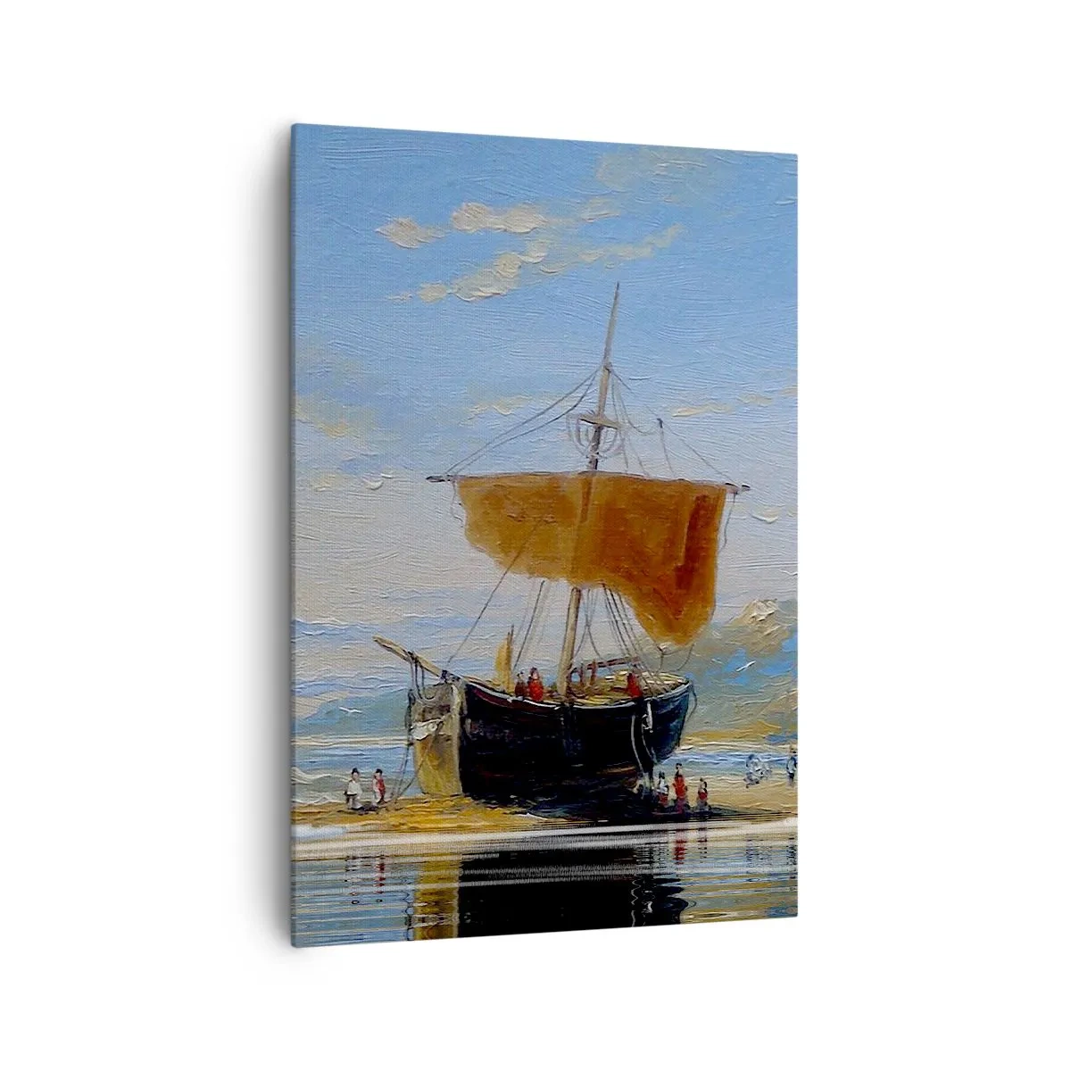 Cuadro sobre lienzo - Impresión de Imagen - Un barco en la orilla del mar en un día soleado. - 70x100cm - Agua, tierra, aire - Decoración de pared moderna para salón y dormitorio ARTTOR