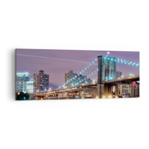 Cuadro sobre lienzo - Impresión de Imagen - Puente de Brooklyn de noche con la ciudad iluminada al fondo - 140x50cm - Durante muchos años, el puente de Brooklyn - Decoración de pared moderna para salón y dormitorio ARTTOR