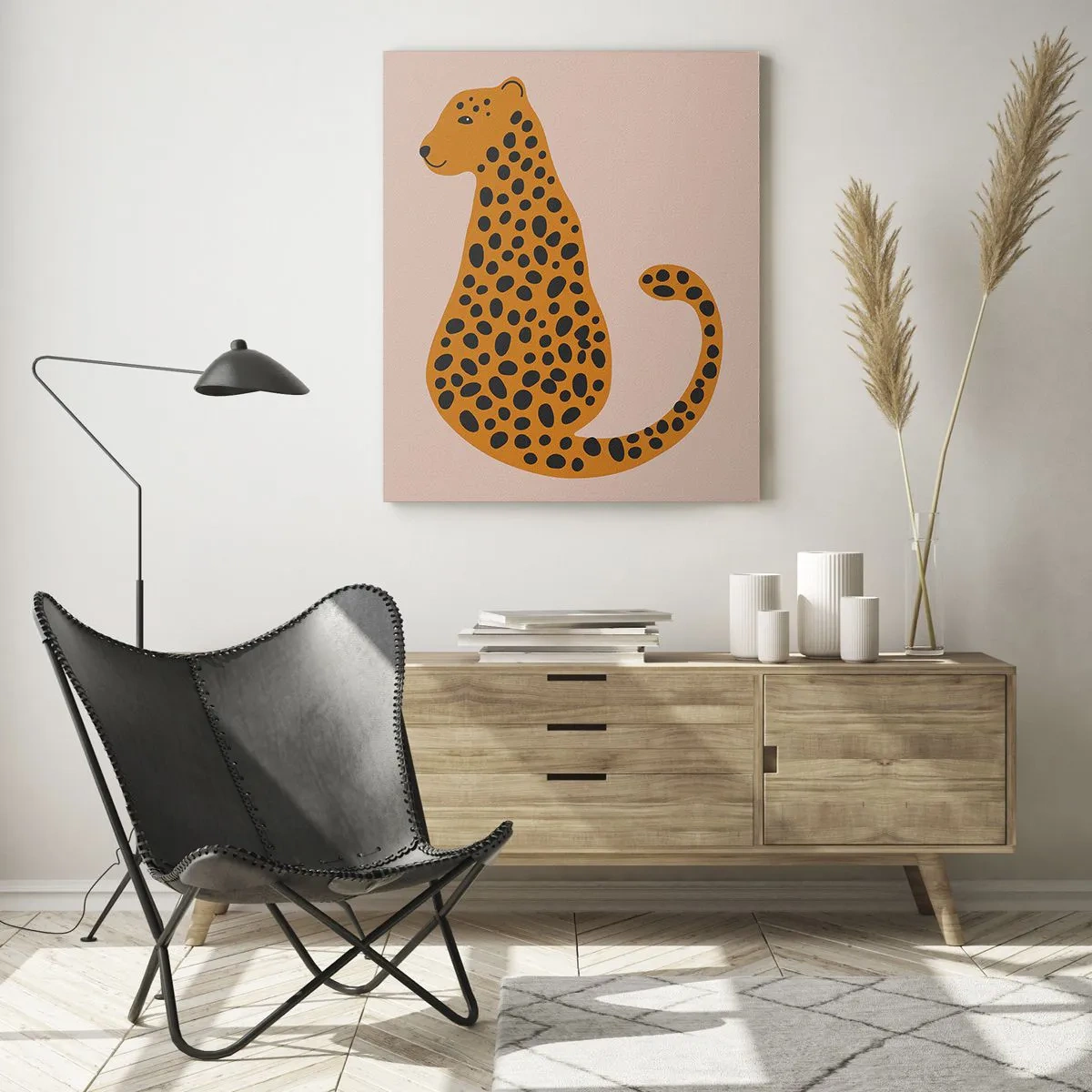 Cuadro sobre vidrio - Impresiones sobre Vidrio - Un dibujo minimalista de una pantera sobre un fondo beige. - 70x100cm - El estampado de leopardo está de moda - Decoración de pared moderna para salón y dormitorio ARTTOR