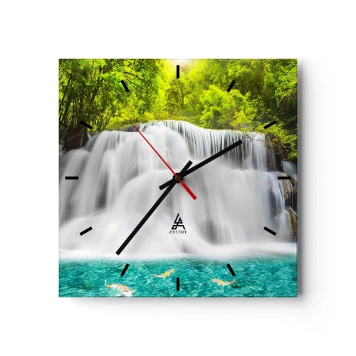 Reloj de pared - Reloj de vidrio - Una cascada en un bosque tropical con agua turquesa. - 30x30cm - Cascada espumosa, de verde a azul - Decoración de pared moderna para salón y dormitorio ARTTOR