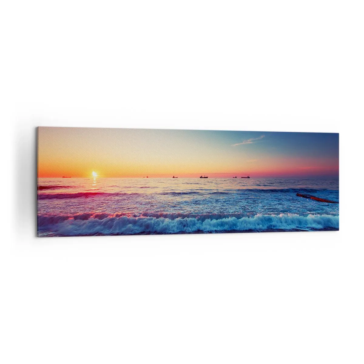 Cuadro sobre lienzo - Impresión de Imagen - Puesta de sol sobre un mar tranquilo con olas - 160x50cm - ¿Y qué hay tras el horizonte? - Decoración de pared moderna para salón y dormitorio ARTTOR