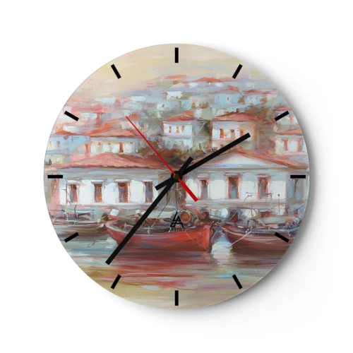 Reloj de pared - Reloj de vidrio - Un puerto pintoresco con barcos y arquitectura mediterránea. - 30x30cm - Ciudad feliz - Decoración de pared moderna para salón, cocina y dormitorio ARTTOR