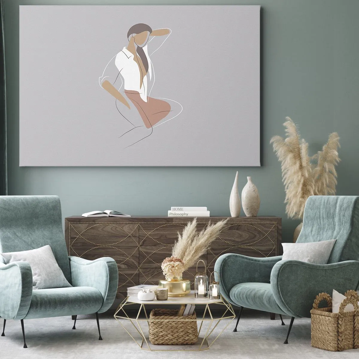 Cuadro sobre lienzo - Impresión de Imagen - Un retrato minimalista de una mujer en colores pastel. - 100x70cm - Un esbozo de encanto - Decoración de pared moderna para salón y dormitorio ARTTOR