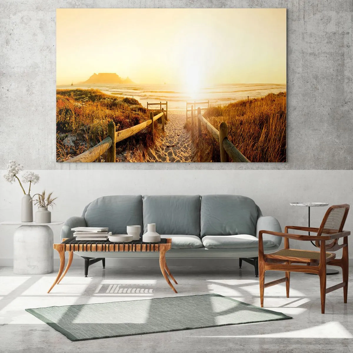 Cuadro sobre vidrio - Impresiones sobre Vidrio - Camino sobre la duna que conduce a la playa al atardecer - 100x70cm - A través de la duna, hacia el sol - Decoración de pared moderna para salón y dormitorio ARTTOR