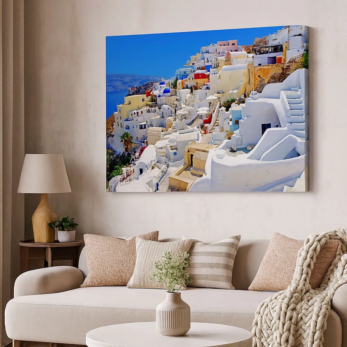 Cuadro sobre lienzo - Impresión de Imagen - Panorama de Santorini con casas blancas y cielo azul - 70x50cm - Sueño de un verano griego - Decoración de pared moderna para salón y dormitorio ARTTOR