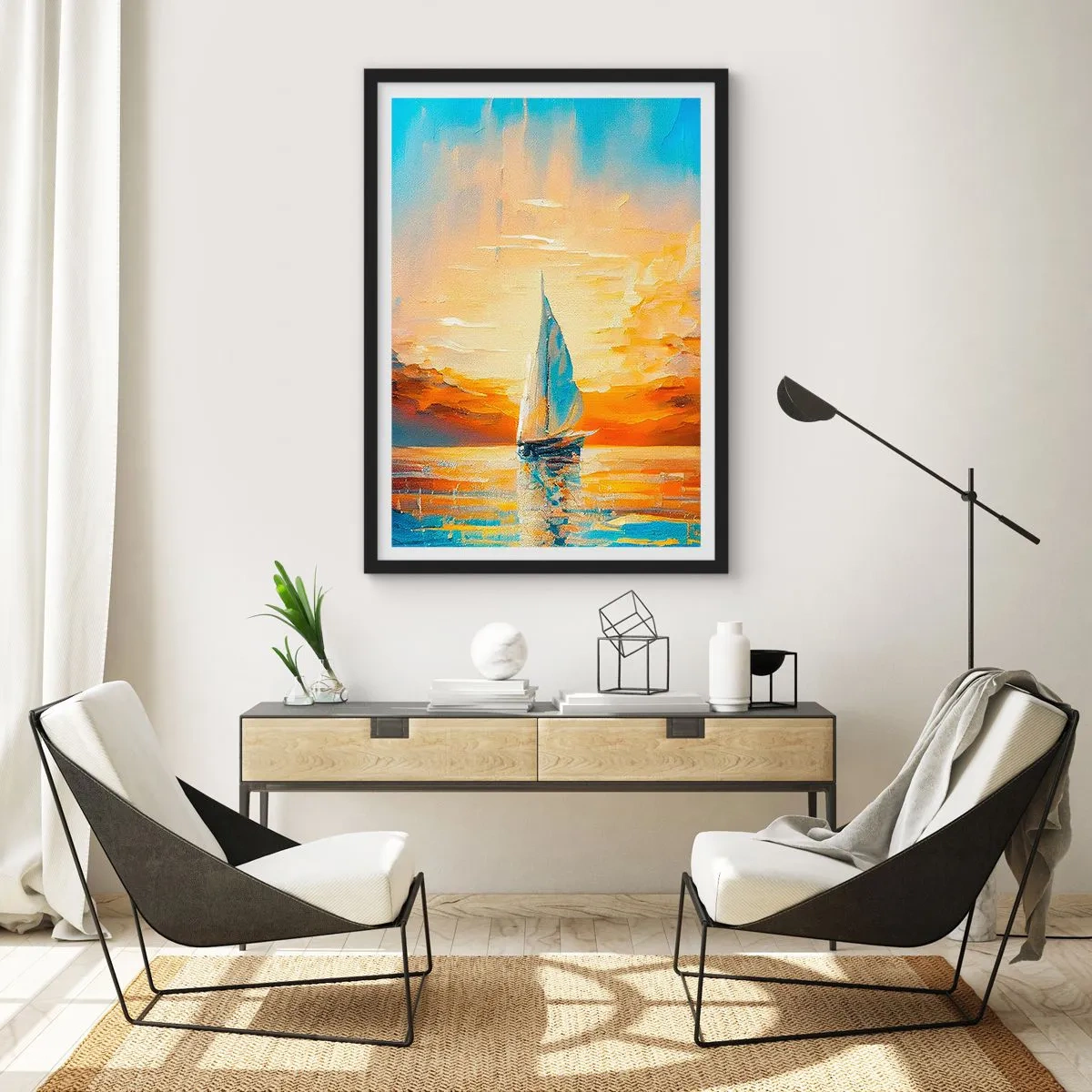 Póster en marco negro - Un velero con el telón de fondo de una puesta de sol dorada. - 50x70cm - Navegando en oro - Decoración de pared moderna para salón y dormitorio ARTTOR