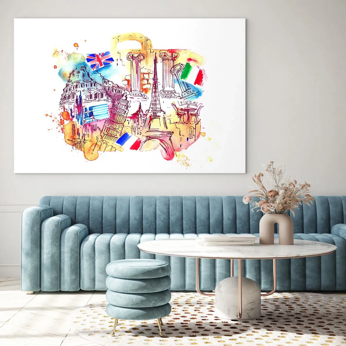 Cuadro sobre vidrio - Impresiones sobre Vidrio - Acuarela de monumentos europeos con banderas de países. - 70x50cm - Gira europea - Decoración de pared moderna para salón y dormitorio ARTTOR