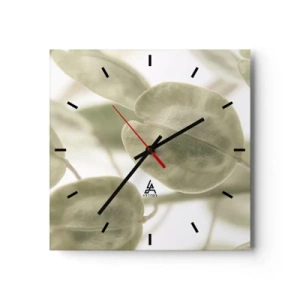 Reloj de pared - Reloj de vidrio - Una delicada pintura de hojas en tonos pastel de verde sobre un fondo claro. - 30x30cm - Al principio de los tiempos había hojas... - Decoración de pared moderna para salón y dormitorio ARTTOR