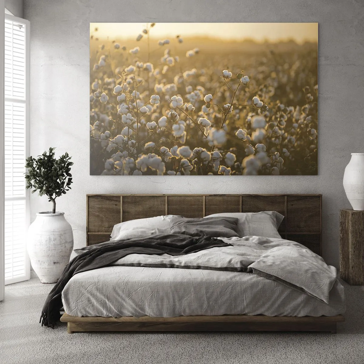 Cuadro sobre vidrio - Impresiones sobre Vidrio - Campo de algodón al atardecer - 70x50cm - Un campo esponjoso - Decoración de pared moderna para salón y dormitorio ARTTOR