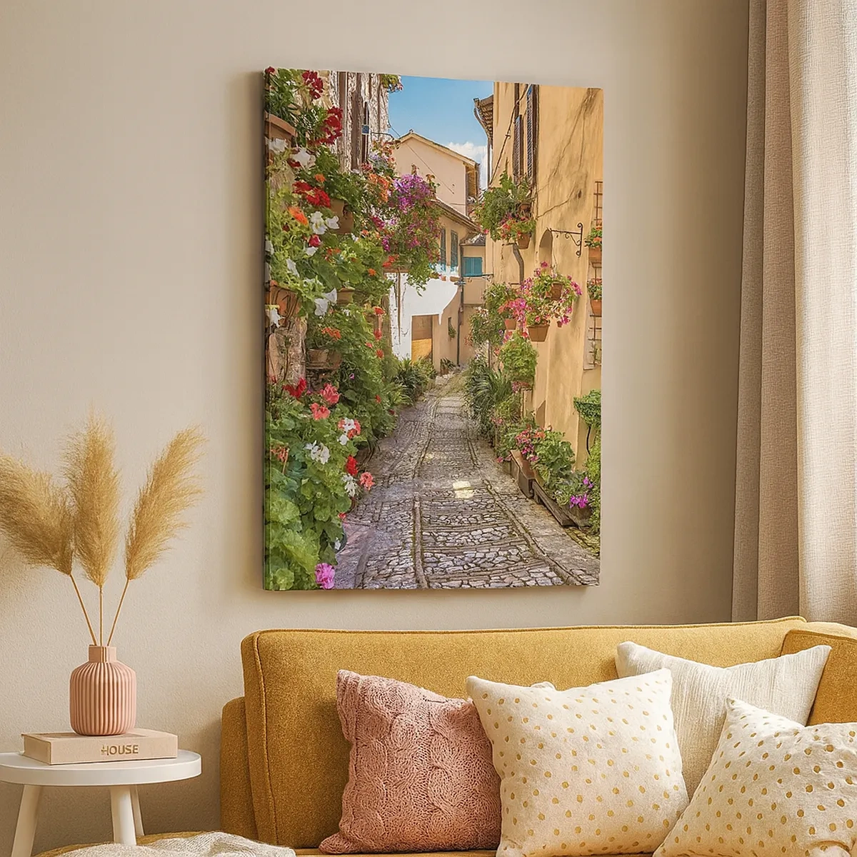 Cuadro sobre lienzo - Impresión de Imagen - Una calle encantadora llena de flores y macetas. - 50x70cm - Callejón italiano - Decoración de pared moderna para salón y dormitorio ARTTOR