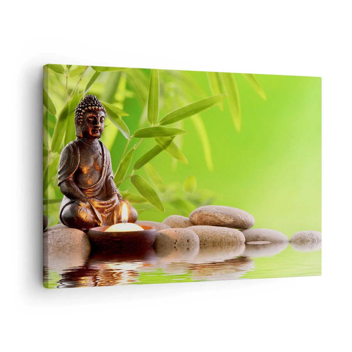 Cuadro sobre lienzo - Impresión de Imagen - Figura de Buda con piedras y una vela sobre un fondo de bambú. - 70x50cm - La vida es bella - Decoración de pared moderna para salón y dormitorio ARTTOR