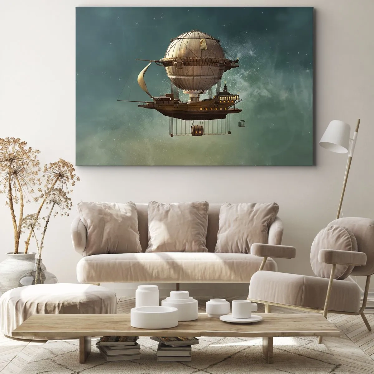 Cuadro sobre lienzo - Impresión de Imagen - Un dirigible fantástico contra el cielo verdoso. - 120x80cm - Julio Verne saluda - Decoración de pared moderna para salón y dormitorio ARTTOR