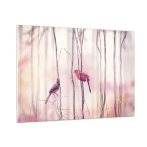 Cuadro sobre vidrio - Impresiones sobre Vidrio - Dos pájaros entre delicadas ramitas en tonos pastel - 100x70cm - Historia de un bosque rosa - Decoración de pared moderna para salón y dormitorio ARTTOR