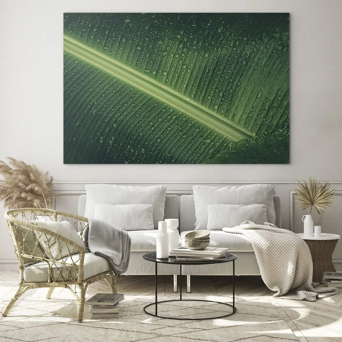 Cuadro sobre vidrio - Impresiones sobre Vidrio - Primer plano de una hoja verde con gotas de agua. - 120x80cm - Estructura del verde - Decoración de pared moderna para salón y dormitorio ARTTOR