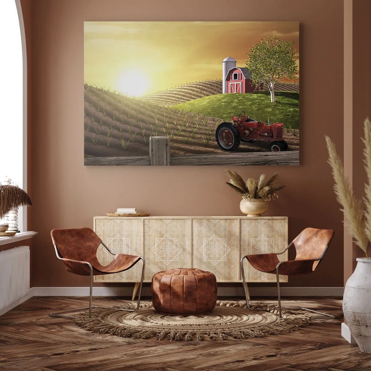 Cuadro sobre lienzo - Impresión de Imagen - Paisaje rural con un granero rojo, un tractor y el amanecer. - 100x70cm - Una granja como un cuento de hadas - Decoración de pared moderna para salón y dormitorio ARTTOR