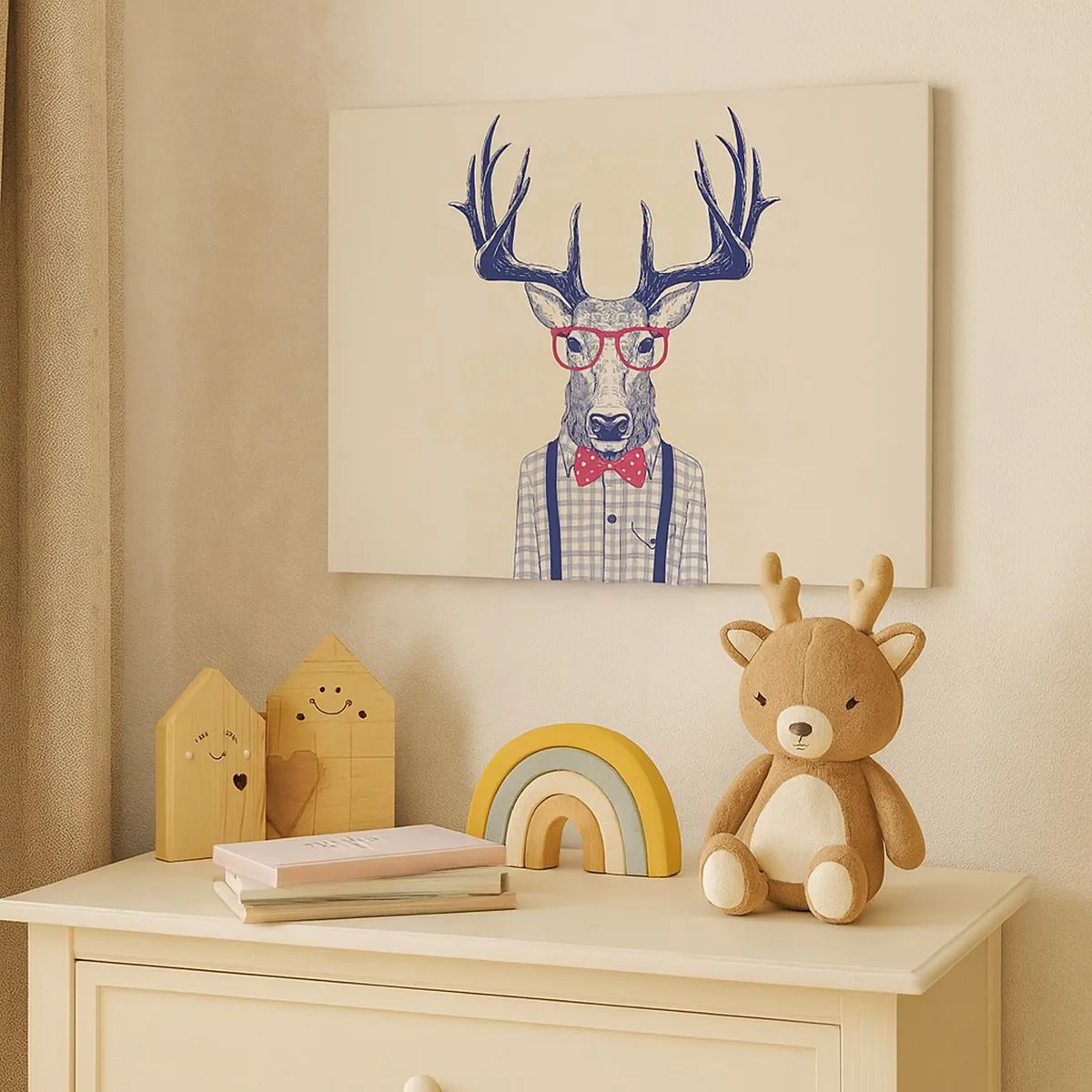 Cuadro sobre lienzo - Impresión de Imagen - Gráfico estilizado de un ciervo con gafas y pajarita. - 70x50cm - Una extravagancia lúdica - Decoración de pared moderna para salón y dormitorio ARTTOR