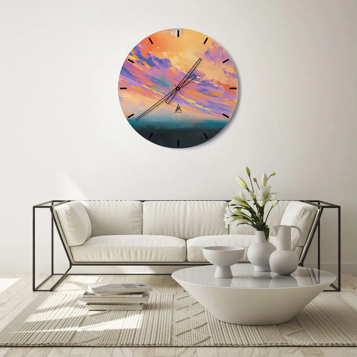 Reloj de pared - Reloj de vidrio - Atardecer abstracto en colores pastel - 30x30cm - Fuerza de atracción - Decoración de pared moderna para salón, cocina y dormitorio ARTTOR