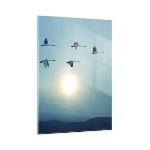 Cuadro sobre vidrio - Impresiones sobre Vidrio - Cisnes volando con el sol poniente como telón de fondo y un paisaje invernal. - 50x70cm - Adiós al verano por un año - Decoración de pared moderna para salón y dormitorio ARTTOR