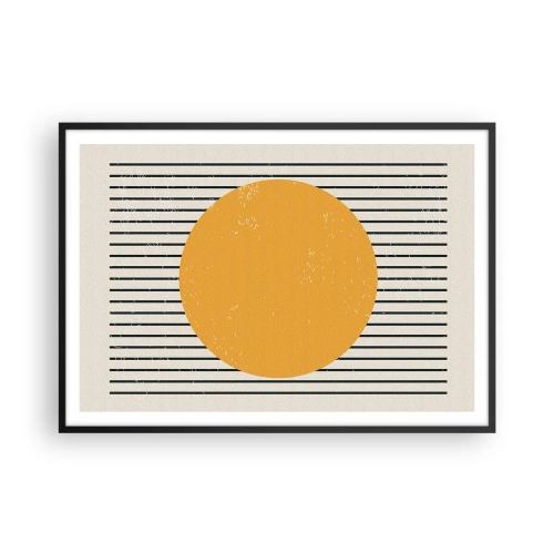 Póster en marco negro - Un círculo amarillo sobre un fondo de líneas horizontales blancas y negras. - 100x70cm - El poder de la sencillez - Decoración de pared moderna para salón y dormitorio ARTTOR