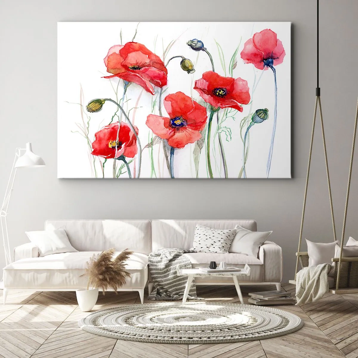 Cuadro sobre lienzo - Impresión de Imagen - Amapolas de acuarela sobre un fondo delicado - 70x50cm - Flores polacas - Decoración de pared moderna para salón y dormitorio ARTTOR