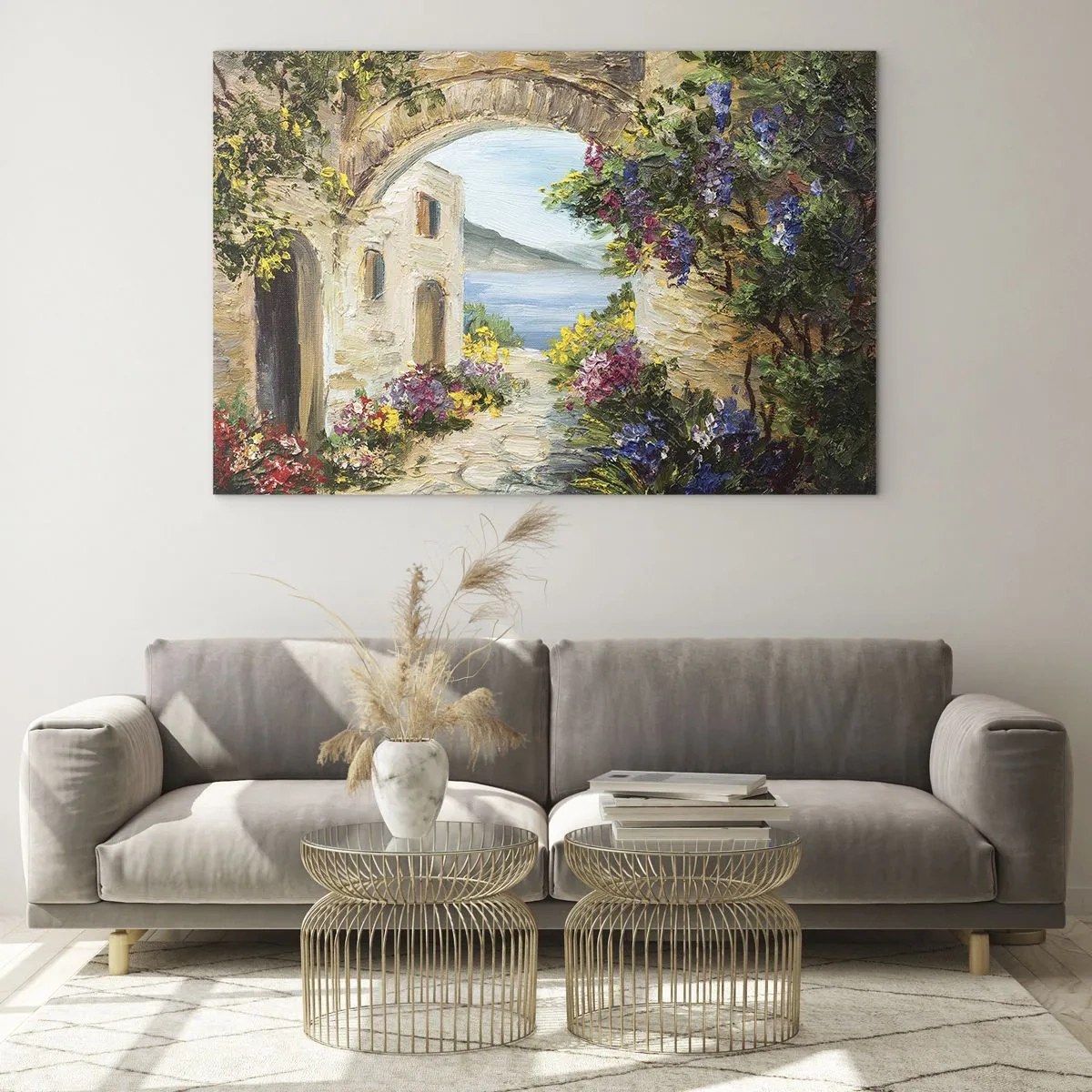 Cuadro sobre vidrio - Impresiones sobre Vidrio - Una calle pintoresca con vista al lago. - 100x70cm - El encanto del paisaje costero - Decoración de pared moderna para salón y dormitorio ARTTOR