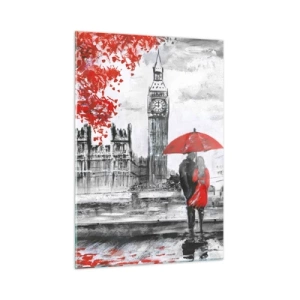 Cuadro sobre vidrio - Impresiones sobre Vidrio - Una pareja bajo un paraguas rojo con el Big Ben y árboles otoñales al fondo. - 50x70cm - Londres enamora - Decoración de pared moderna para salón y dormitorio ARTTOR