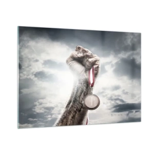 Cuadro sobre vidrio - Impresiones sobre Vidrio - Una mano sosteniendo una medalla sobre un fondo de nubes. - 100x70cm - Per aspera ad astra - Decoración de pared moderna para salón y dormitorio ARTTOR