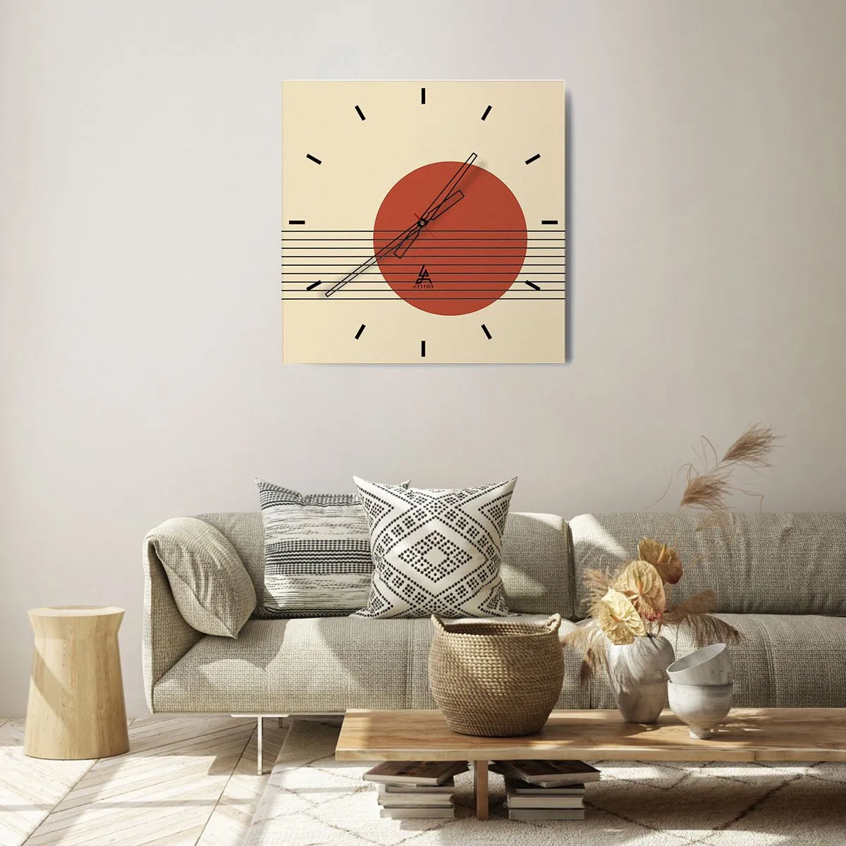 Reloj de pared - Reloj de vidrio - Círculo rojo abstracto con líneas sobre fondo beige. - 30x30cm - Cruzando el círculo - Decoración de pared moderna para salón y dormitorio ARTTOR