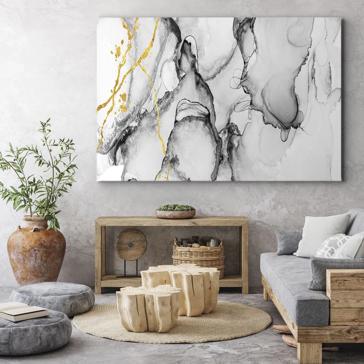 Cuadro sobre lienzo - Impresión de Imagen - Patrones abstractos en blanco y negro con acentos dorados - 70x50cm - Composición con motivo de oro - Decoración de pared moderna para salón y dormitorio ARTTOR