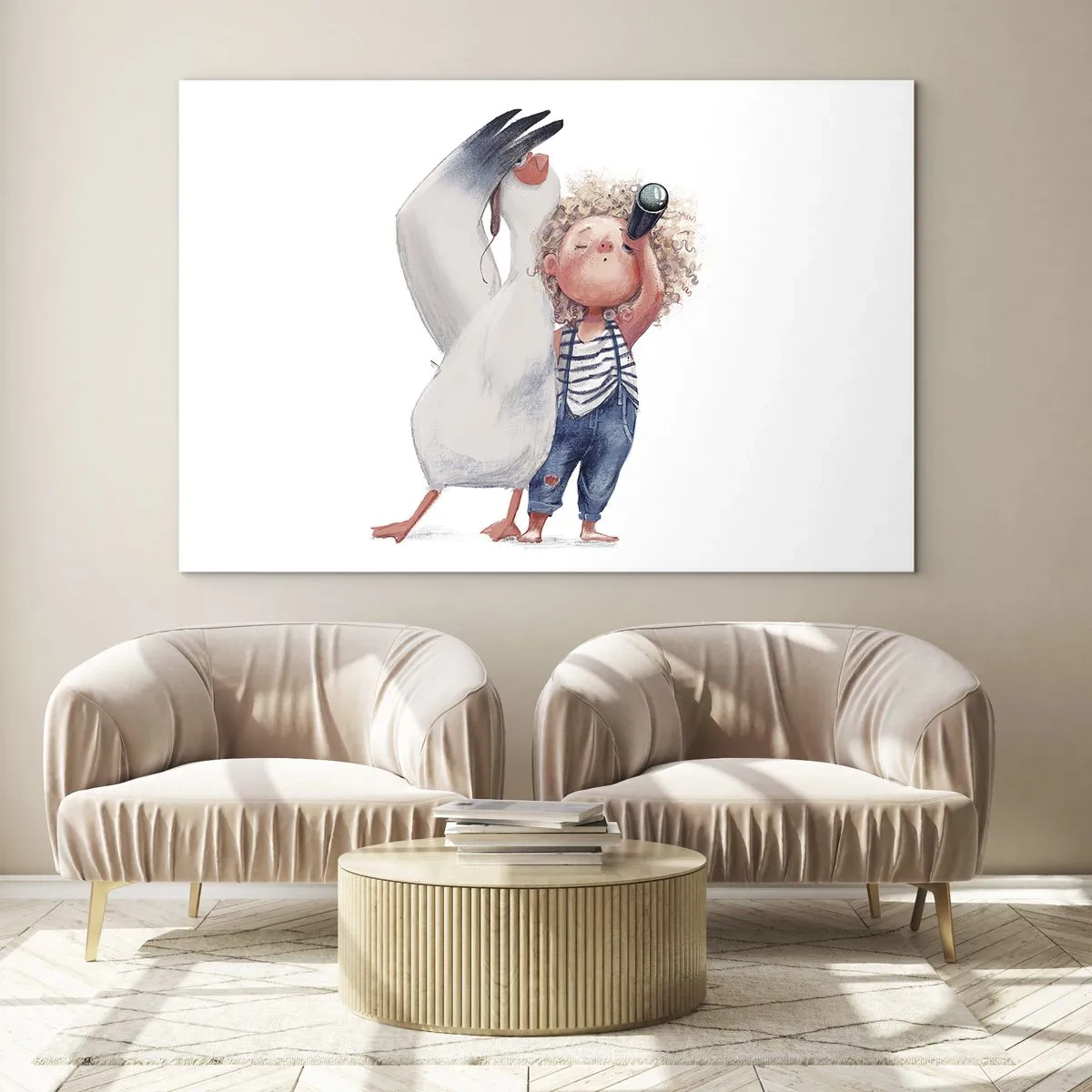 Cuadro sobre vidrio - Impresiones sobre Vidrio - Bebé con binoculares y cigüeña en un divertido estilo de ilustración. - 120x80cm - Un plan para un gran viaje - Decoración de pared moderna para salón y dormitorio ARTTOR