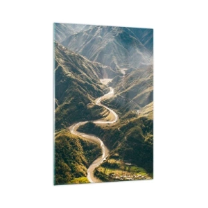 Cuadro sobre vidrio - Impresiones sobre Vidrio - Un paisaje de montaña con un camino sinuoso entre colinas verdes. - 70x100cm - Directamente desde el corazón de las montañas - Decoración de pared moderna para salón y dormitorio ARTTOR