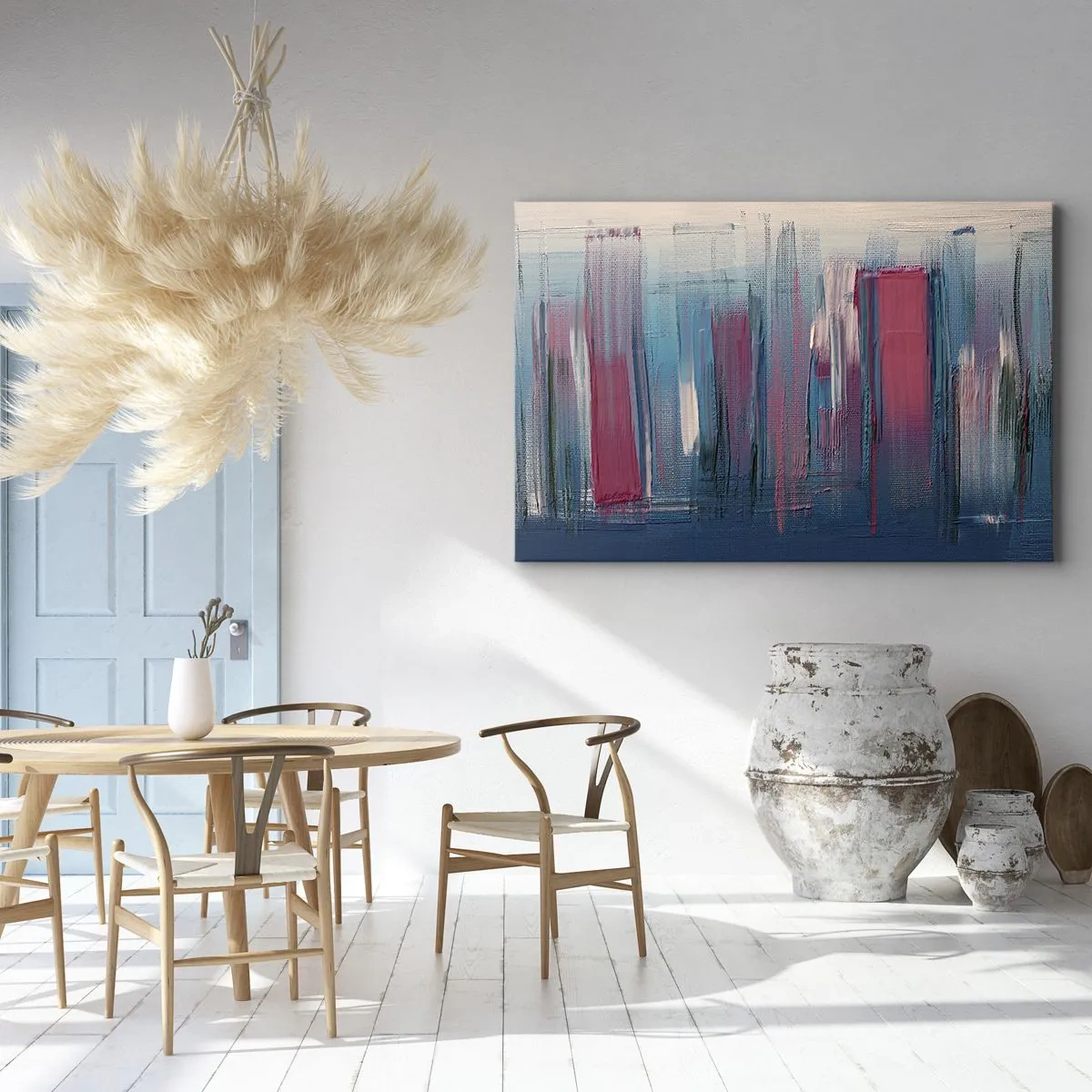 Cuadro sobre lienzo - Impresión de Imagen - Formas verticales abstractas en tonos azules y rojos. - 70x50cm - Composición vertical en azul y rojo - Decoración de pared moderna para salón y dormitorio ARTTOR