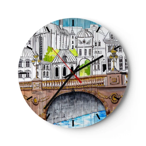 Reloj de pared - Reloj de vidrio - Ilustración de arquitectura urbana con un puente - 30x30cm - Una ciudad de dibujo - Decoración de pared moderna para salón, cocina y dormitorio ARTTOR